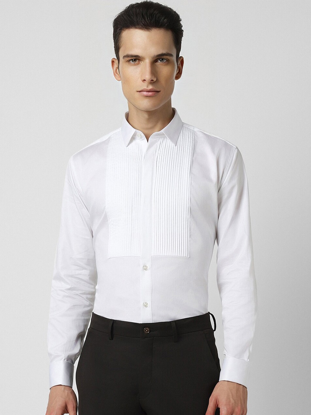 

V Dot Slim Fit Pleated Detail Spread Collar Party Pure Cotton Shirt, White