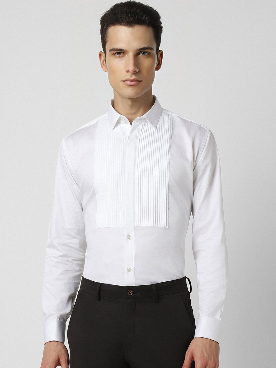 

V Dot Slim Fit Pleated Detail Spread Collar Party Pure Cotton Shirt, White