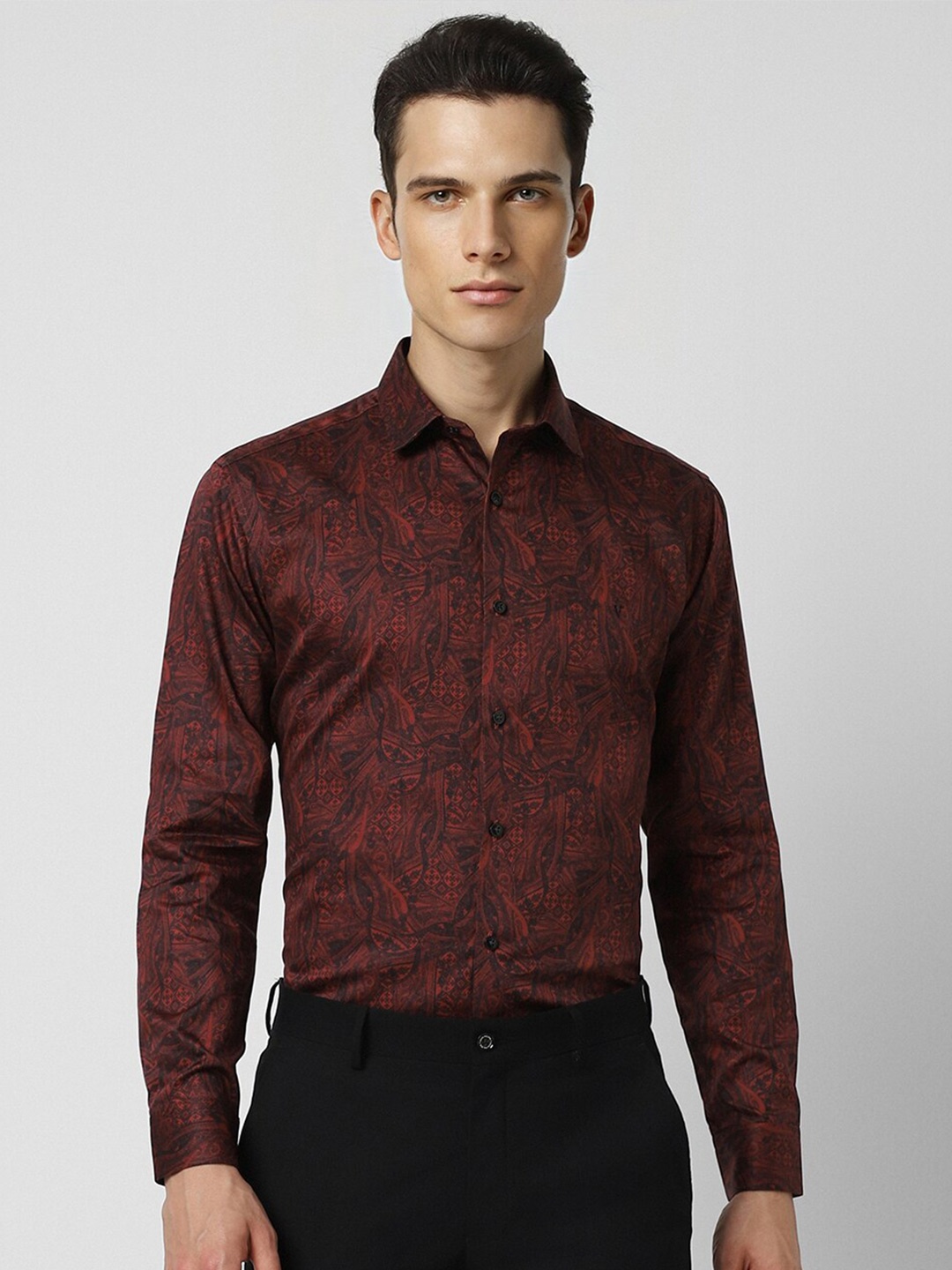 

V Dot Slim Fit Floral Printed Party Pure Cotton Shirt, Maroon