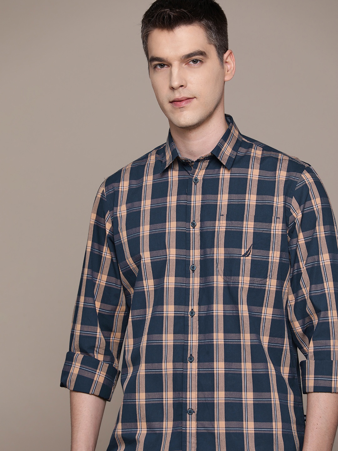

Nautica Pure Cotton Classic Fit Tartan Checked Casual Shirt, Navy blue