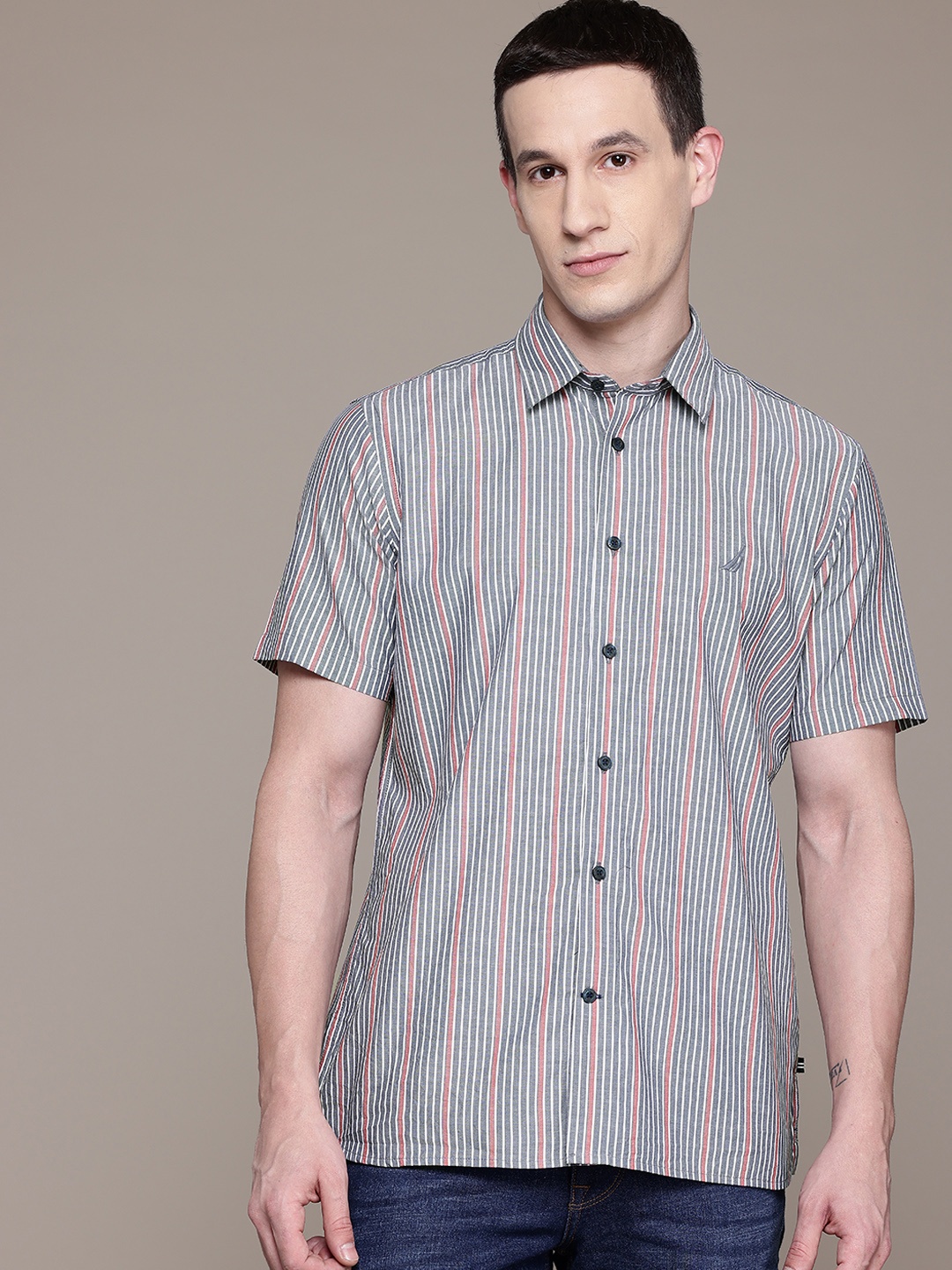 

Nautica Pure Cotton Slim Fit Striped Casual Shirt, Navy blue