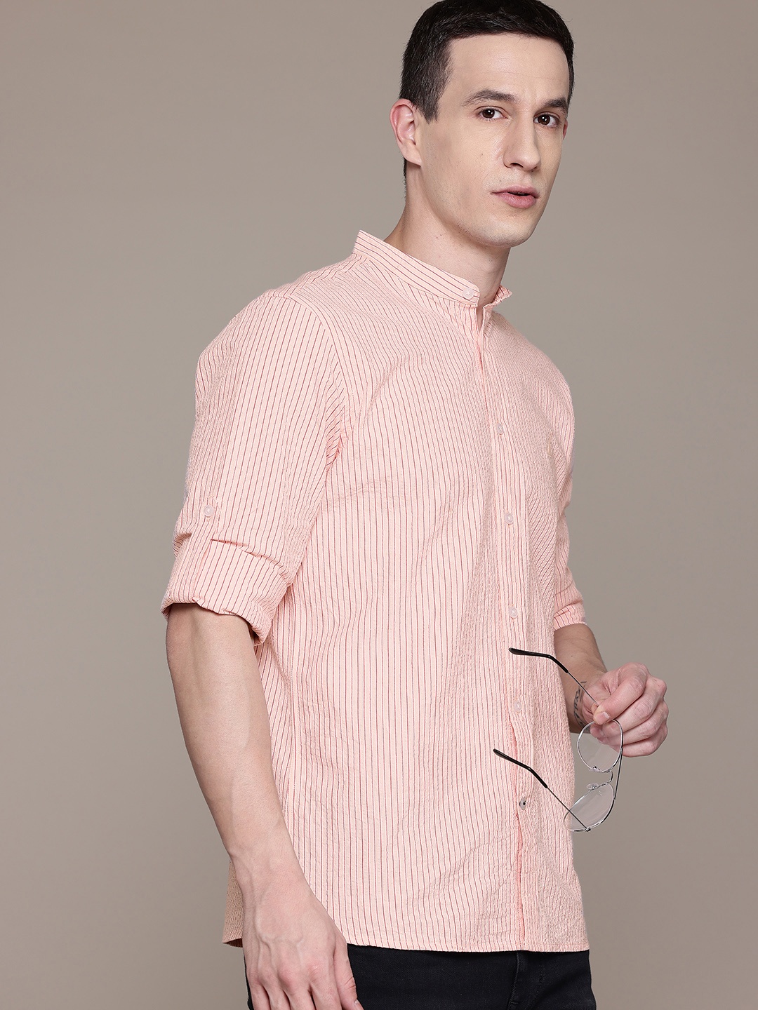 

Nautica Pure Cotton Seersucker Slim Fit Striped Casual Shirt, Peach