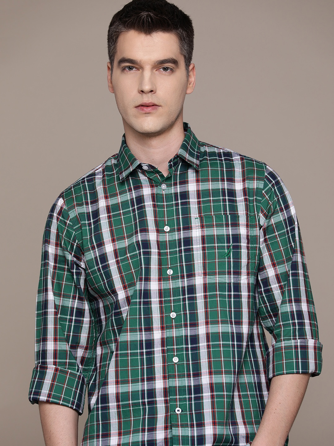 

Nautica Pure Cotton Classic Fit Tartan Checked Casual Shirt, Green