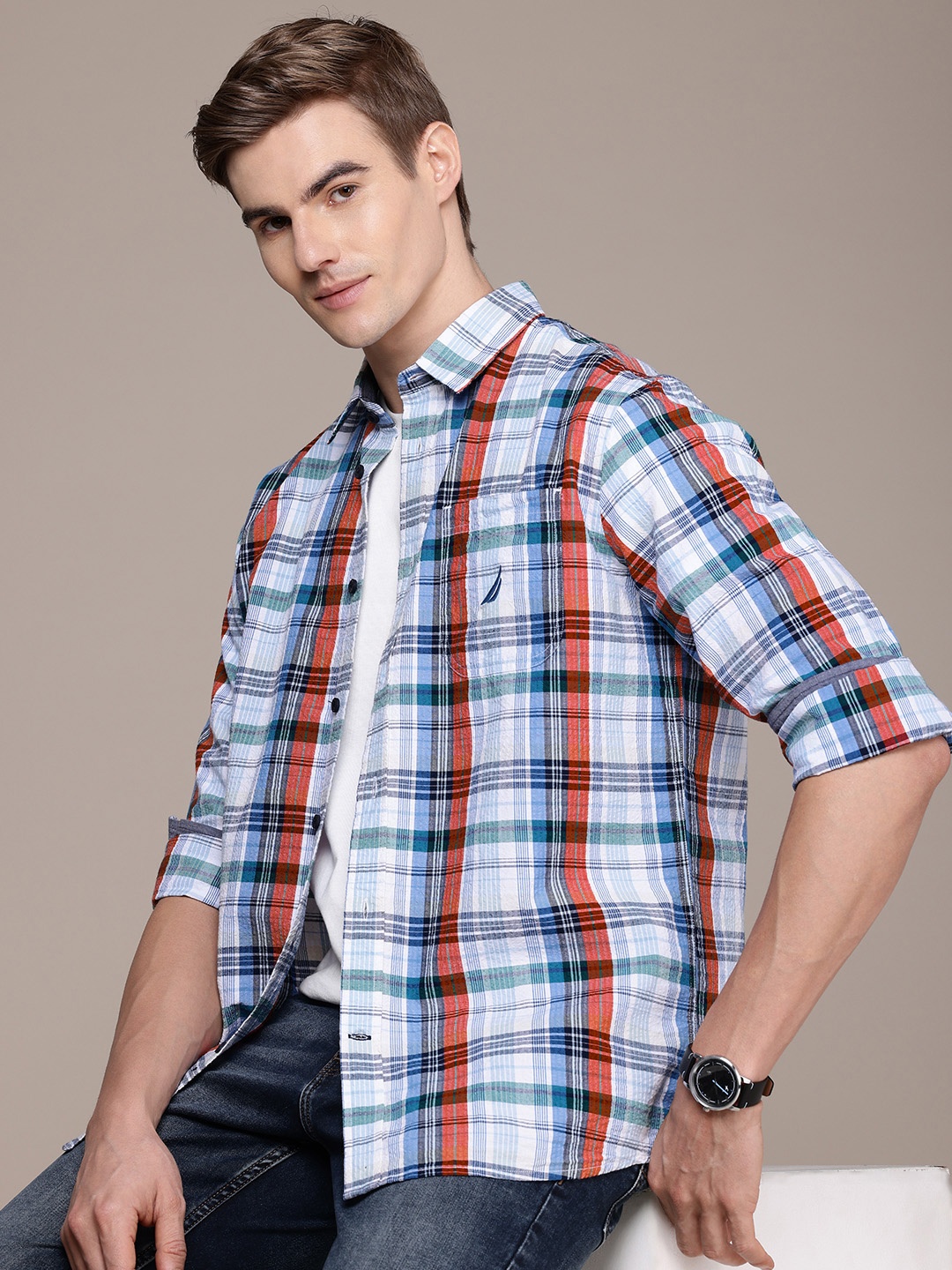 

Nautica Pure Cotton Classic Seersucker Checked Casual Shirt, Blue