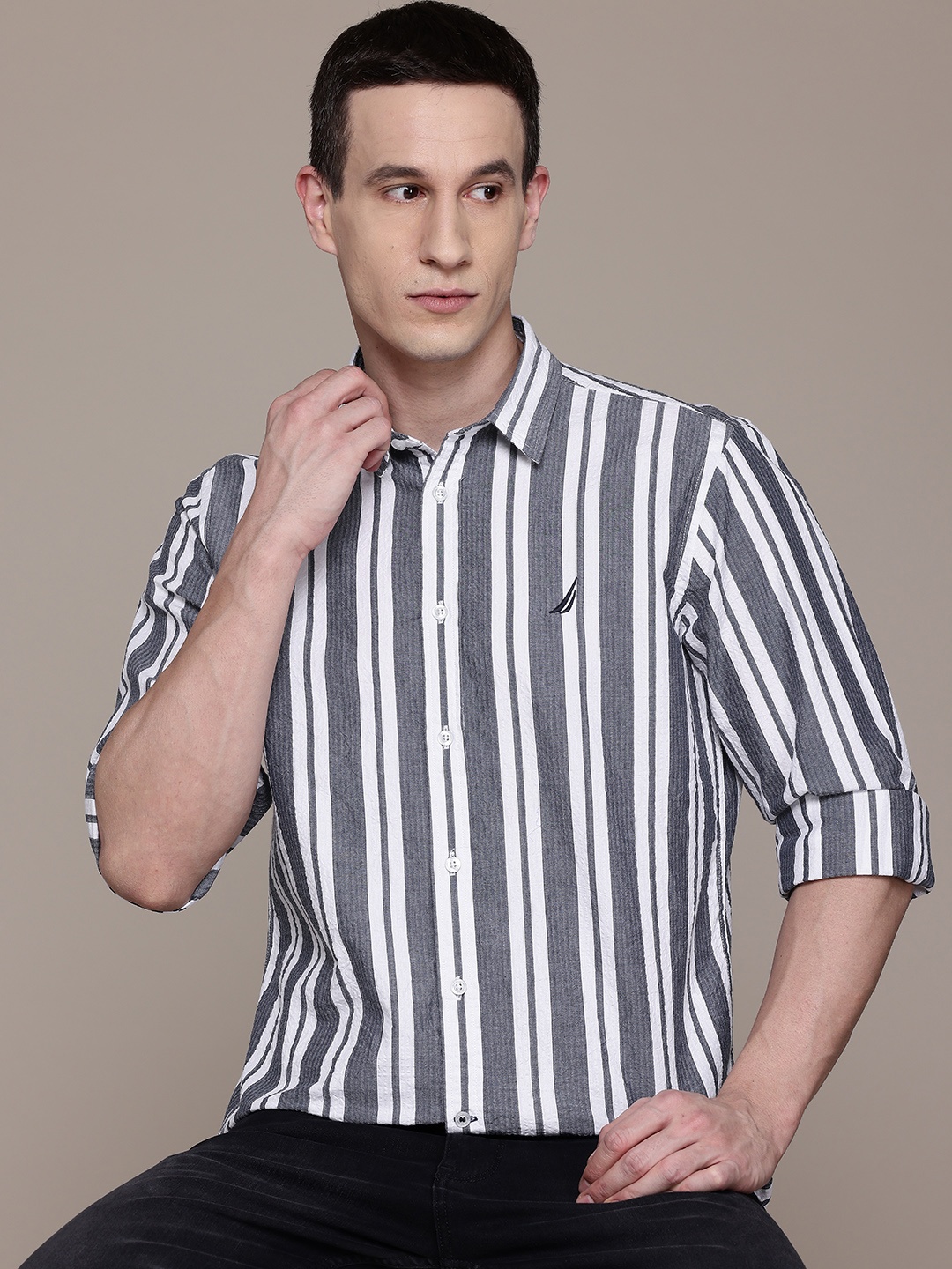 

Nautica Pure Cotton Seersucker Classic Fit Striped Casual Shirt, Charcoal