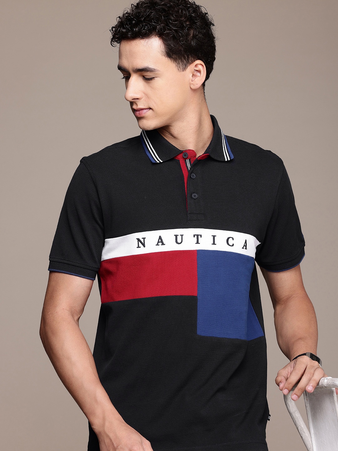 

Nautica Pure Cotton Colourblocked Polo Collar Casual T-shirt, Navy blue