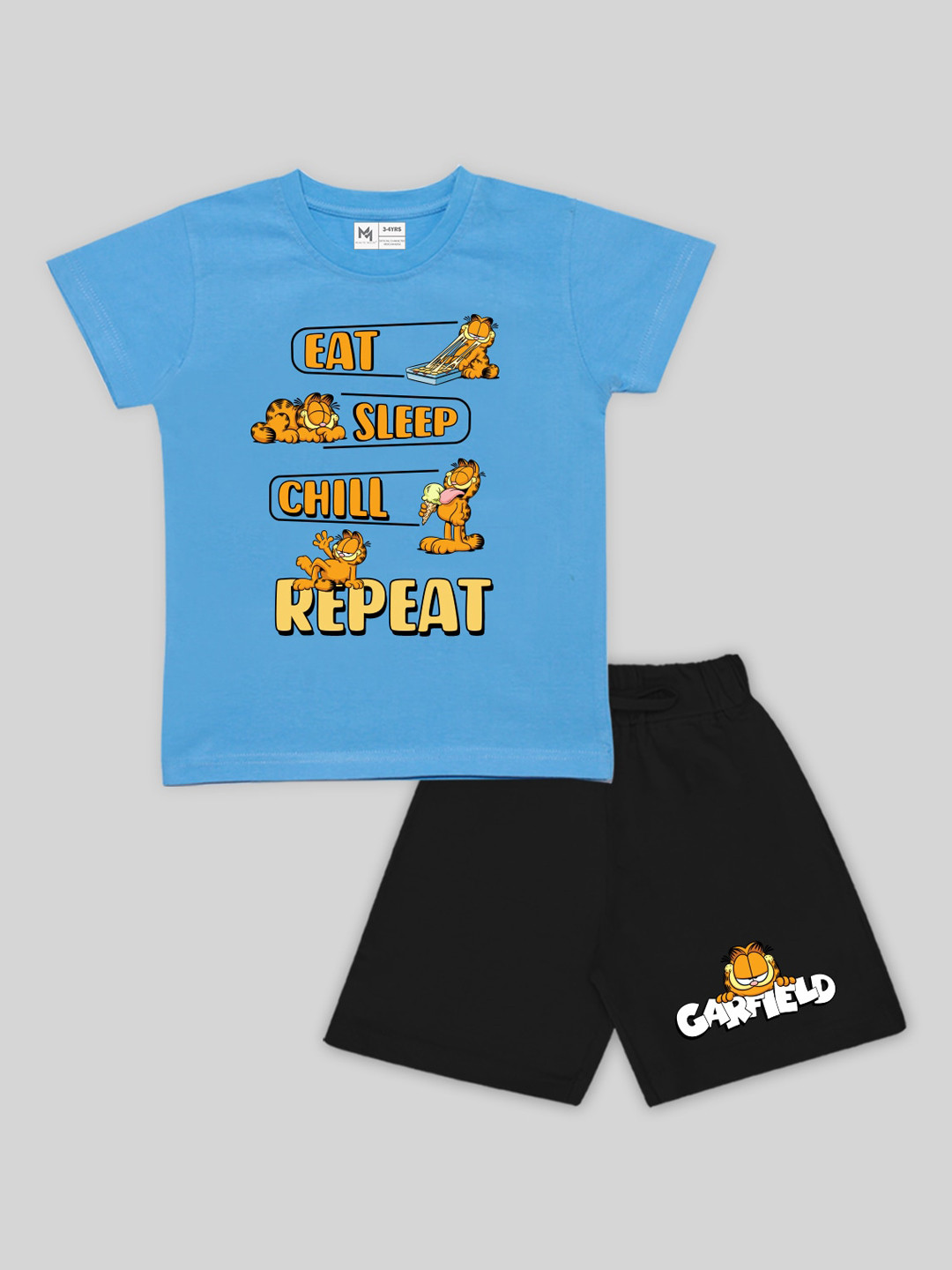 

Minute Mirth Infant Boys Garfield Printed Cotton T-shirt With Shorts, Blue