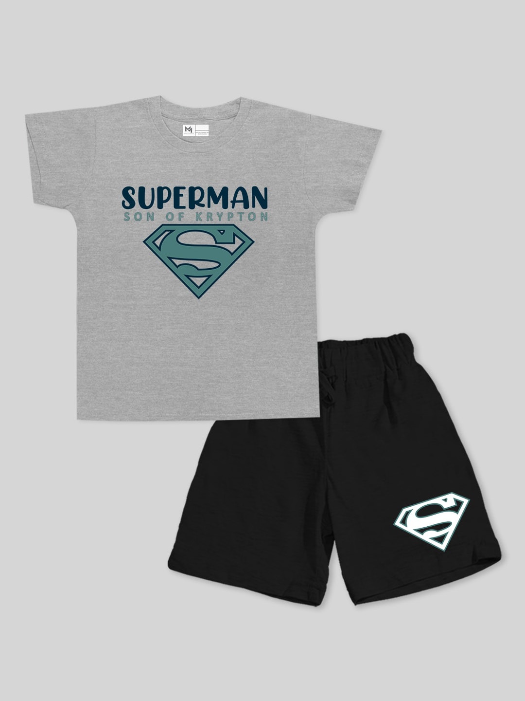 

Minute Mirth Boys Superman Printed Pure Cotton T-shirt With Shorts, Grey