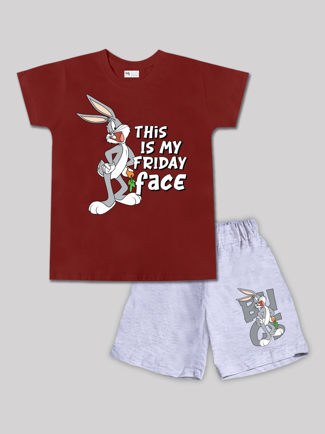 

Minute Mirth Boys Bugs Bunny Printed Pure Cotton T-shirt with Shorts Clothing Set, Maroon