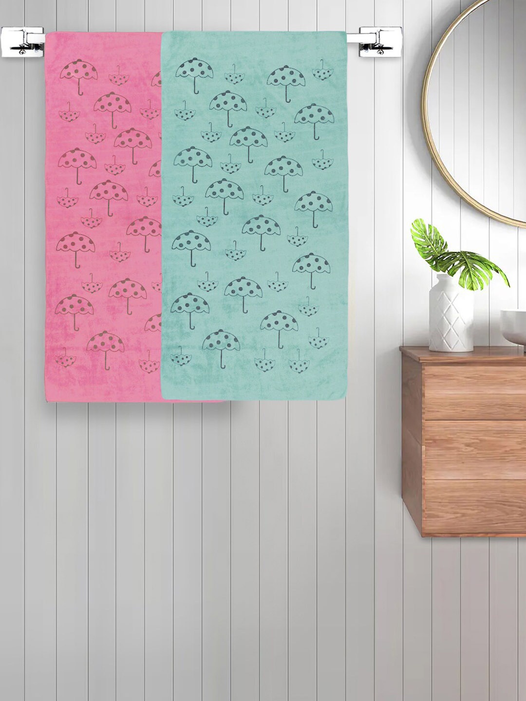 FABINALIV Green & Pink 2 Pieces 420 GSM Cotton Bath Towels