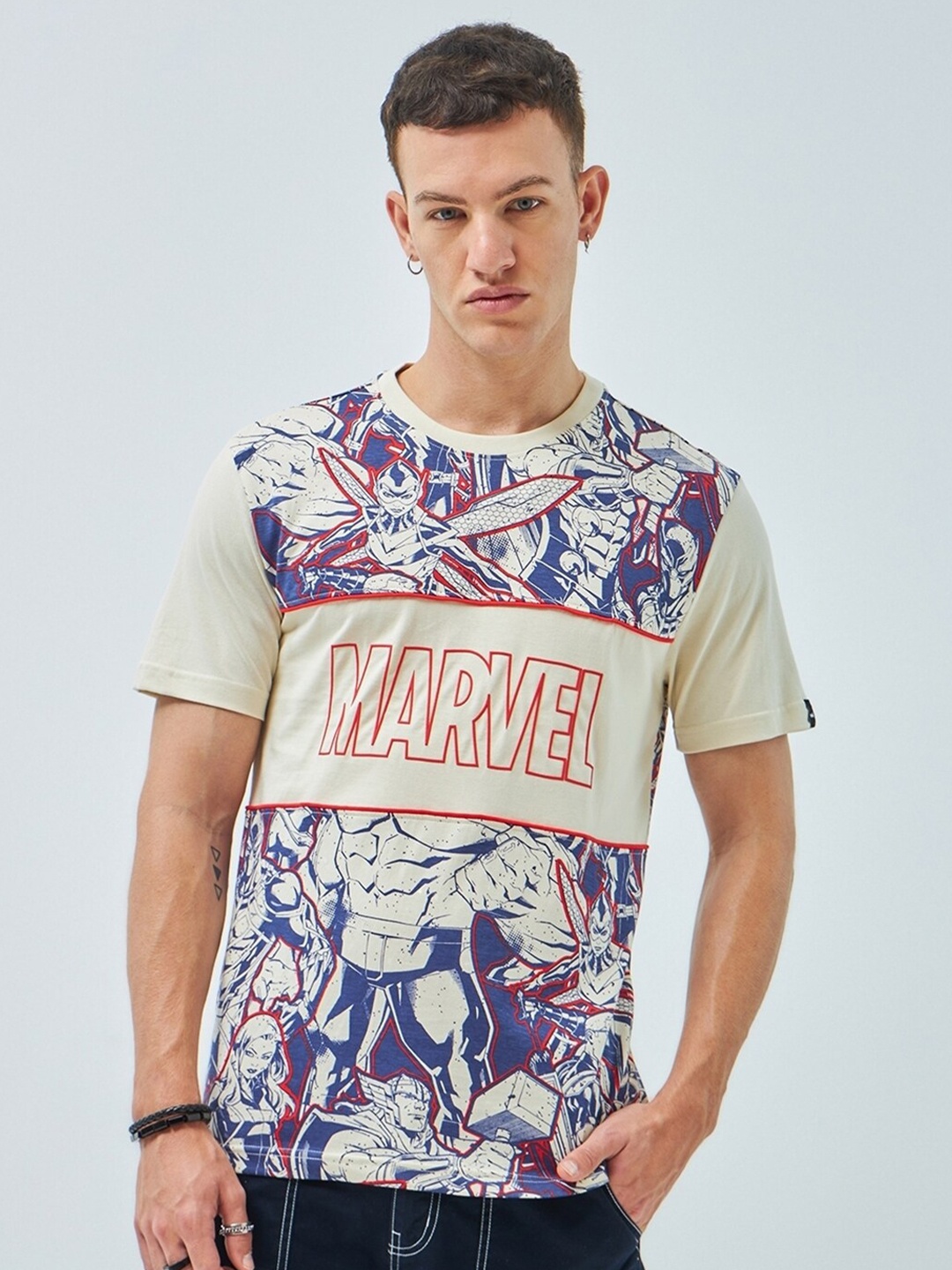 

Bewakoof Off White and Blue Marvel Printed Regular Fit Pure Cotton T-shirt