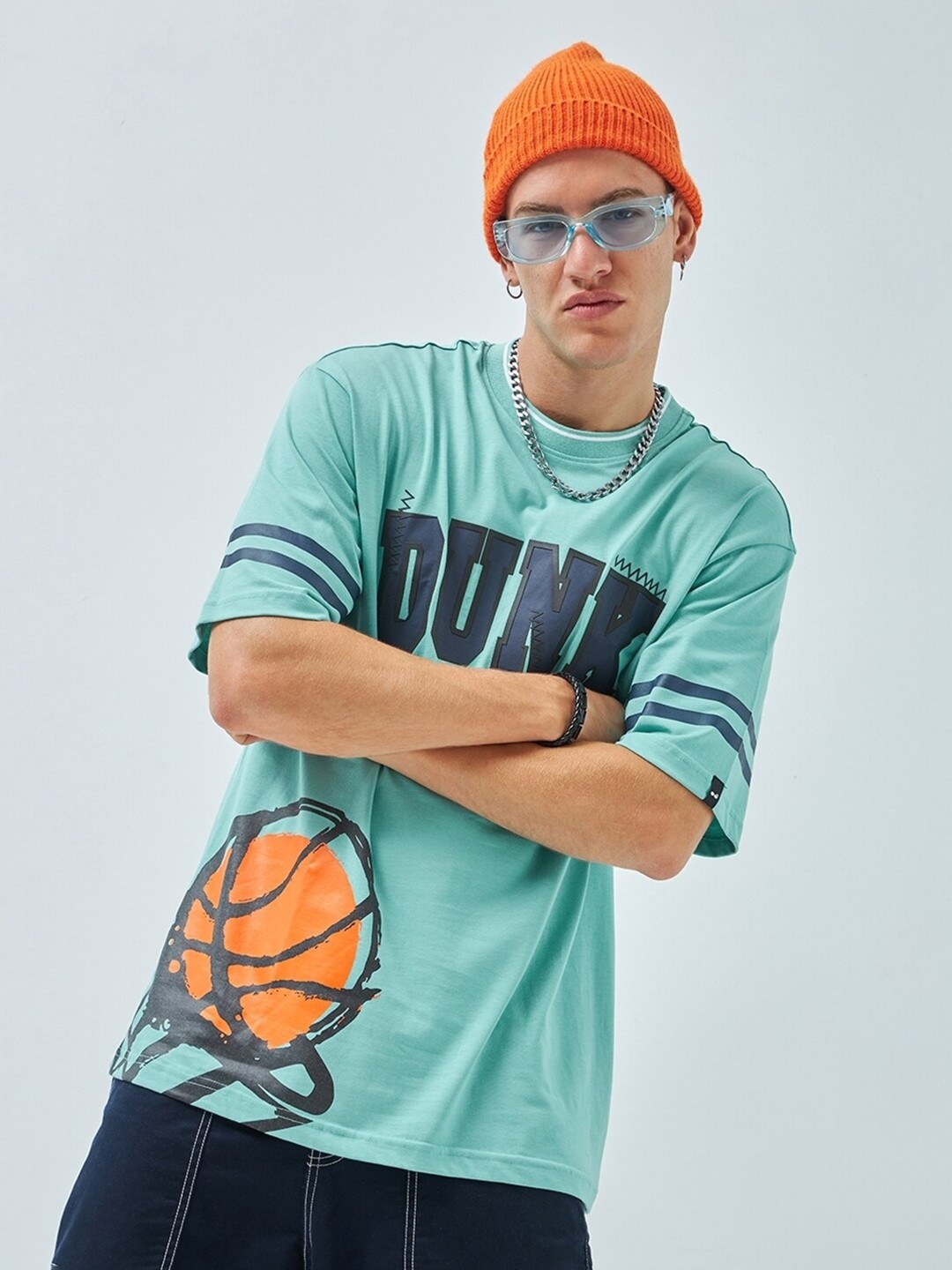 

Bewakoof Blue Dunk Graphic Printed Oversized Pure Cotton T-shirt