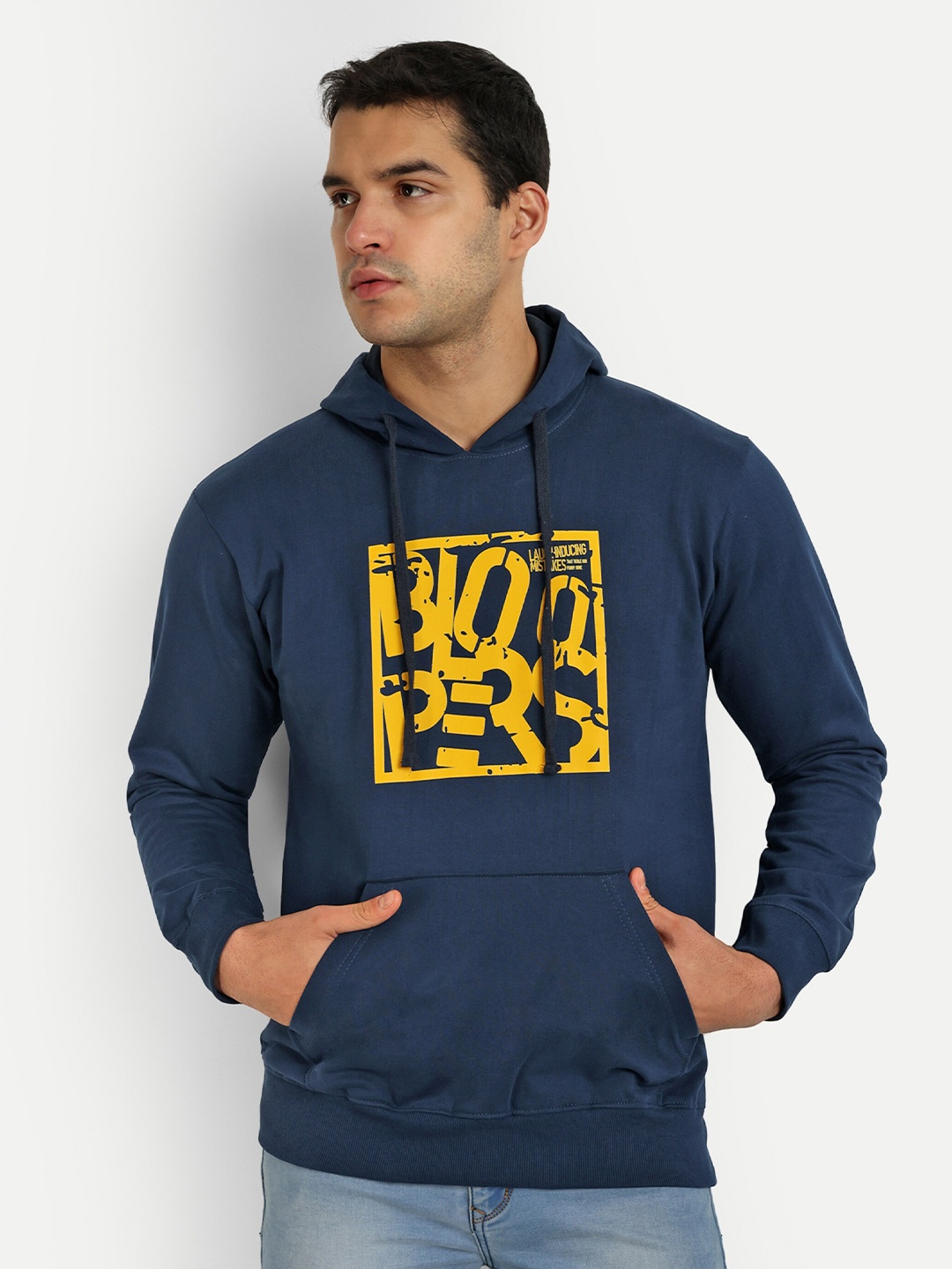 

Bloopers Store Typography Printed Hooded Cotton Pullover Sweatshirt, Navy blue