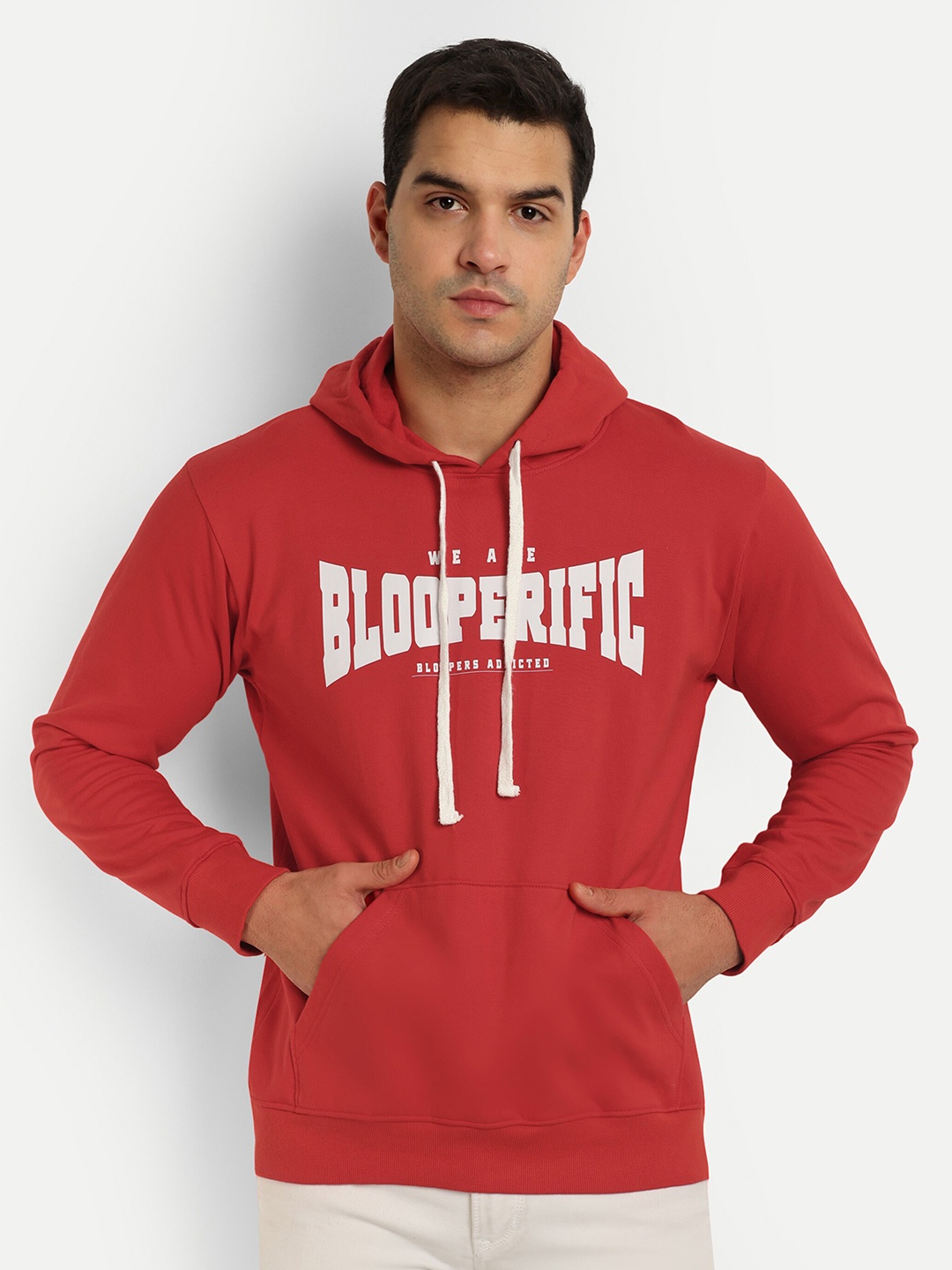 

Bloopers Store Typography Printed Hooded Cotton Pullover Sweatshirt, Red