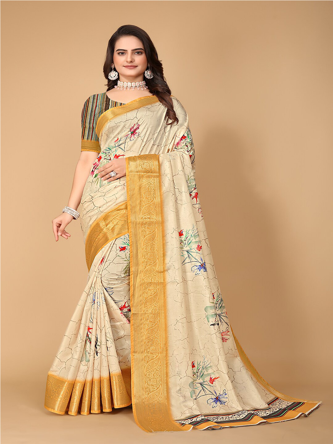 

Pionex Floral Pure Cotton Designer Banarasi Saree, Cream