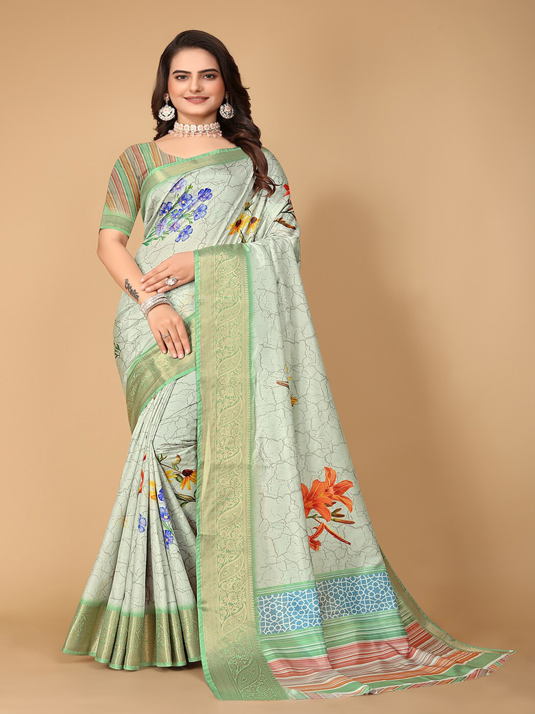 

Pionex Floral Pure Cotton Designer Banarasi Saree, Green