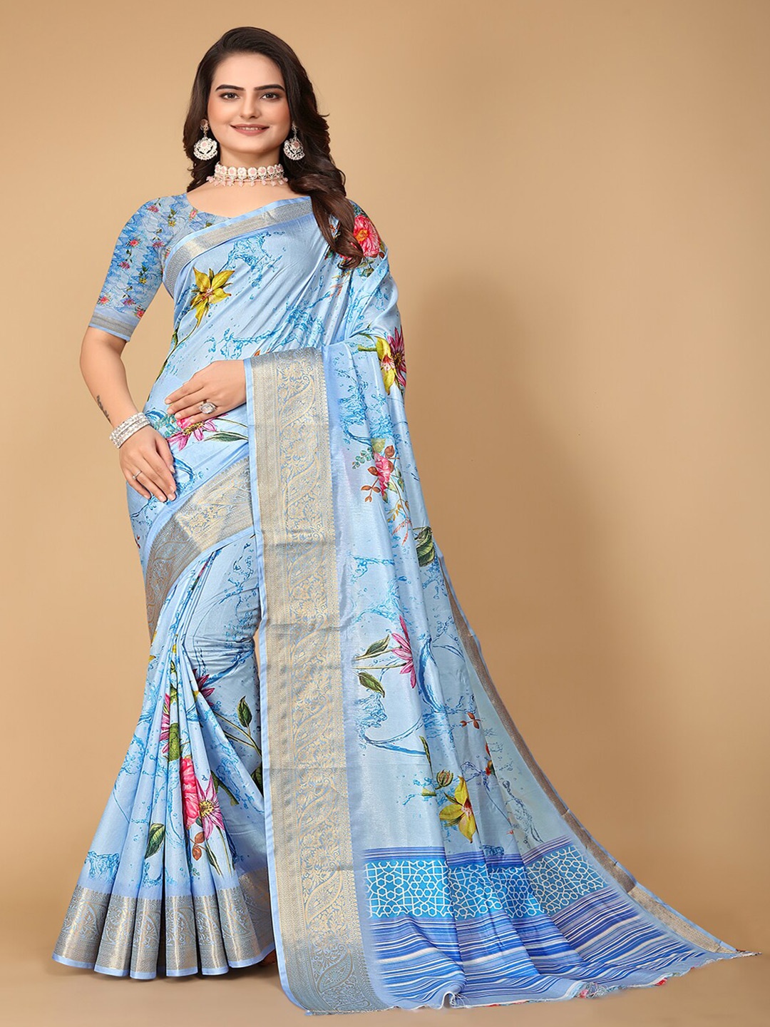 

Pionex Floral Pure Cotton Designer Banarasi Saree, Blue