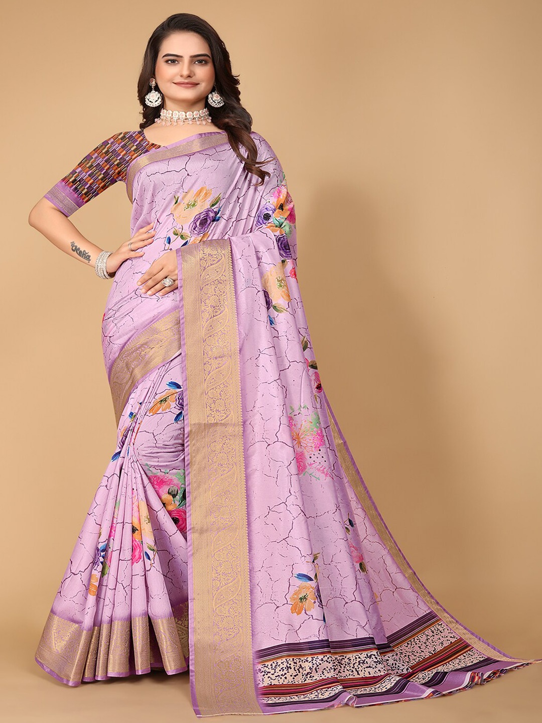 

Pionex Pink Floral Pure Cotton Designer Banarasi Saree