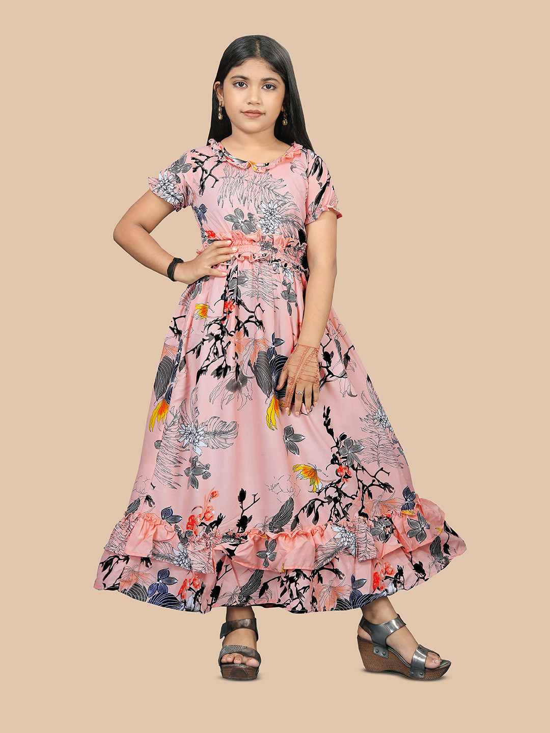 

BAESD Girls Floral Printed Ruffled Crepe A-Line Maxi Dress, Pink