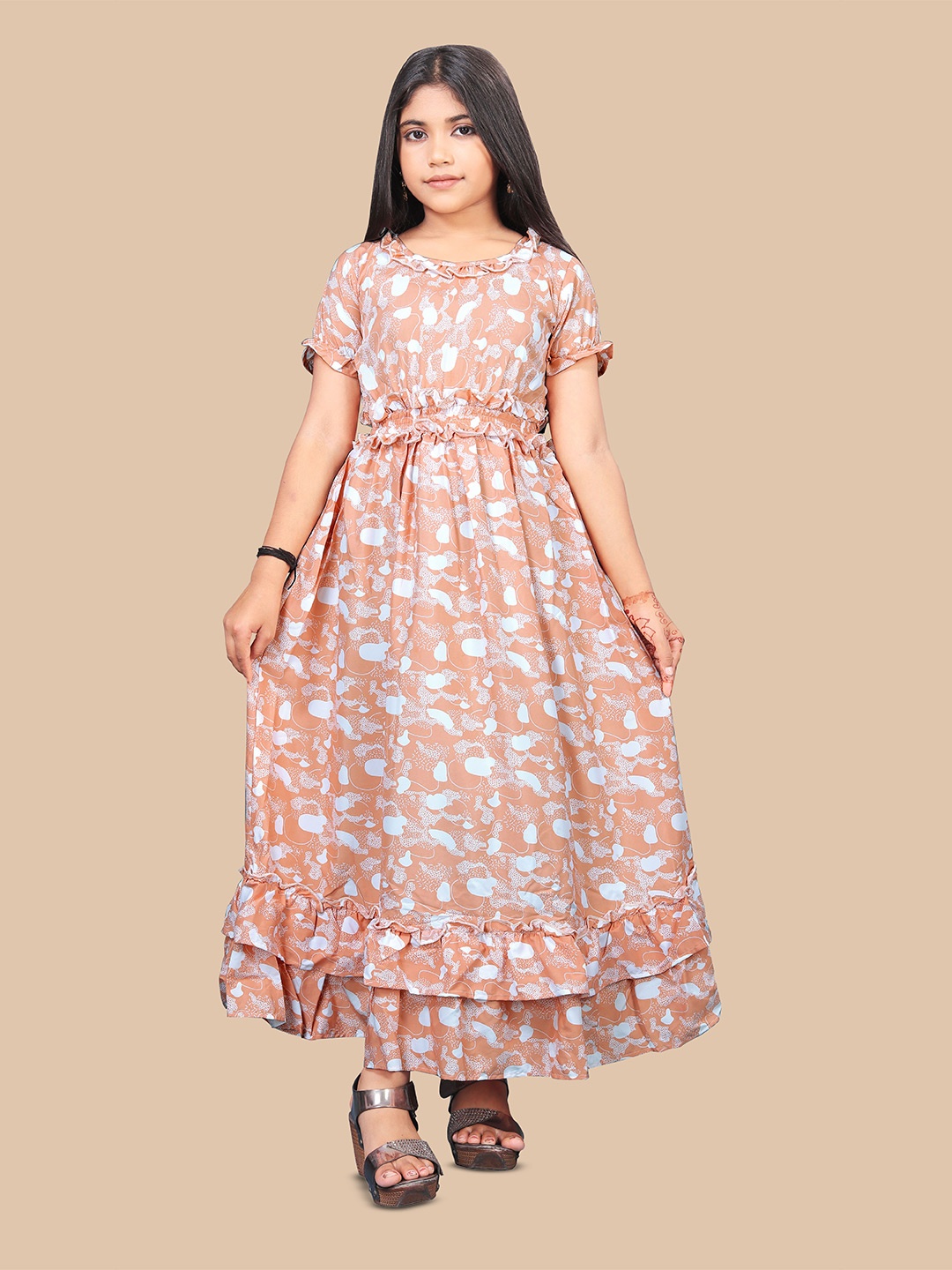 

BAESD Girls Floral Printed Ruffled Crepe A-Line Maxi Dress, Peach