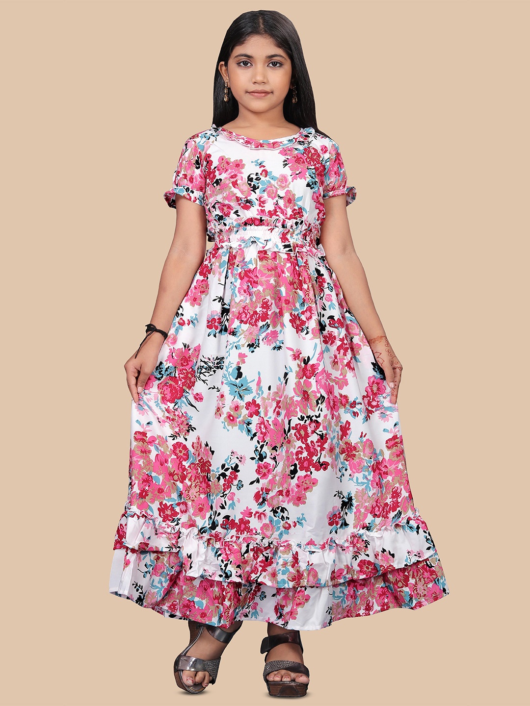 

BAESD Girls Floral Printed Ruffled Crepe A-Line Maxi Dress, White