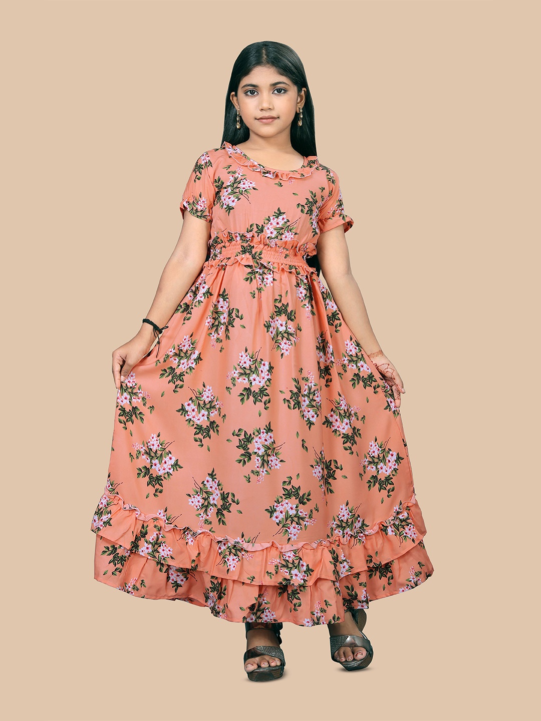 

BAESD Girls Floral Printed Ruffled Crepe A-Line Maxi Dress, Peach