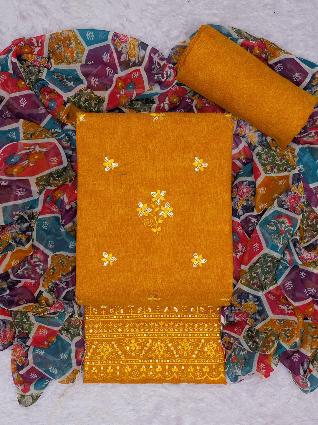 

KALINI Floral Embroidered Sequined Unstitched Dress Material, Yellow