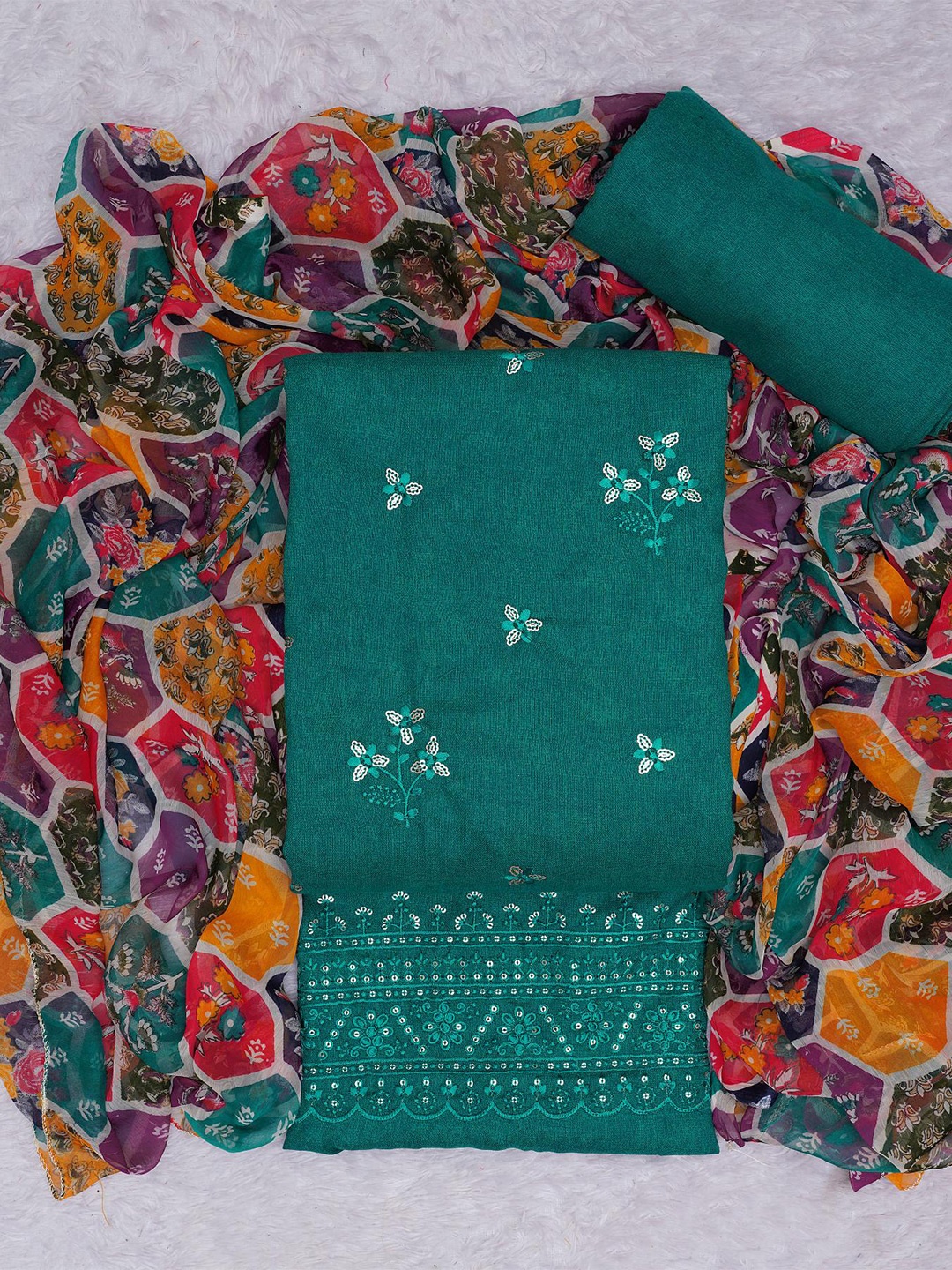 

KALINI Floral Embroidered Sequined Unstitched Dress Material, Teal