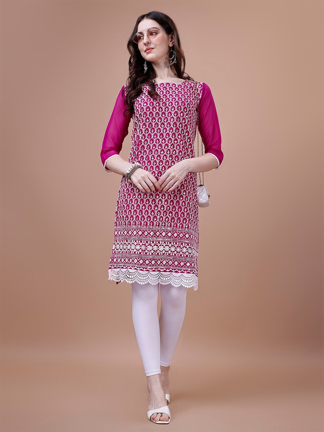 

N N ENTERPRISE Ethnic Motifs Embroidered Straight Kurta, Pink