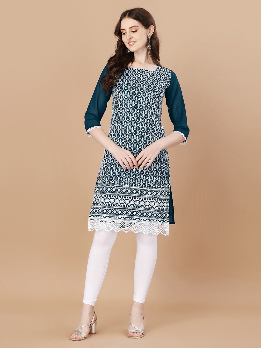 

N N ENTERPRISE Ethnic Motifs Embroidered Straight Kurta, Teal