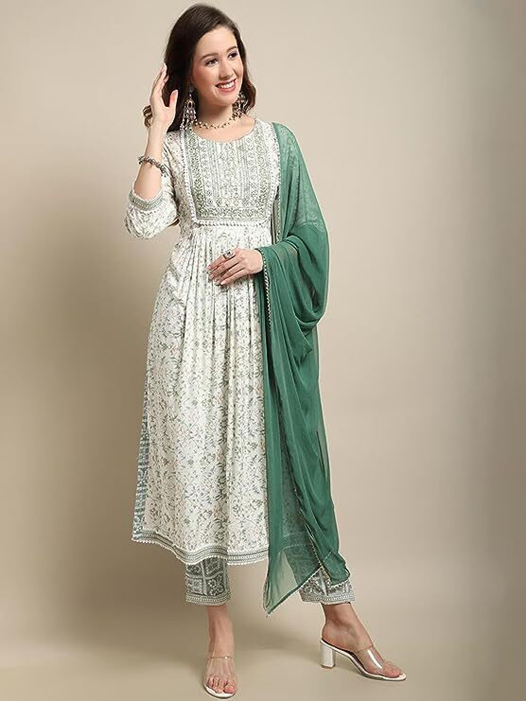 

KALINI Floral Printed Thread Work Kurta With Trousers & Dupatta, Off white