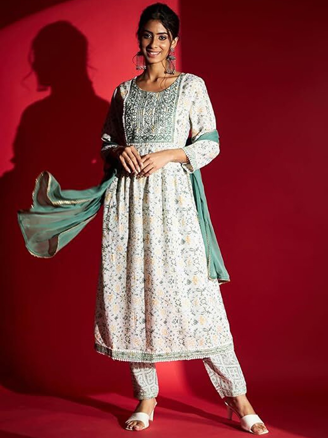 

KALINI Floral Printed Thread Work Kurta With Trousers & Dupatta, Off white
