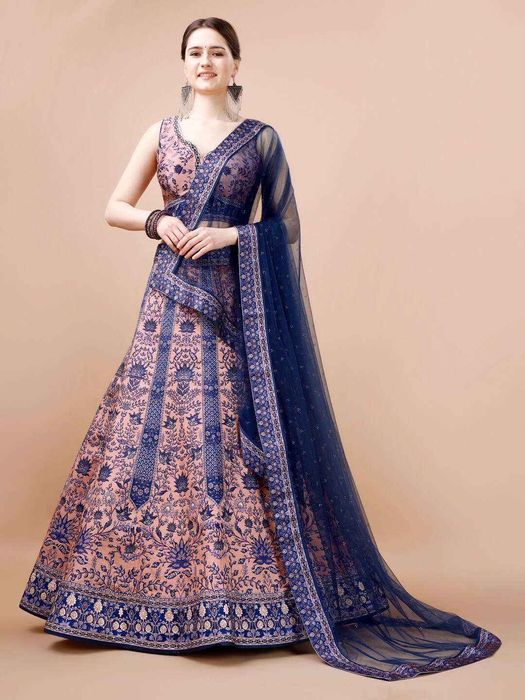 

SAPTRANGI Printed Ready to Wear Lehenga & Blouse With Dupatta, Blue