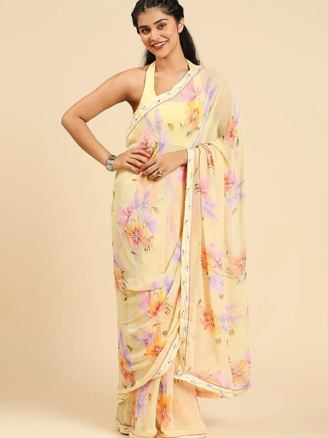 

Tasarika Floral Poly Georgette Saree, Yellow