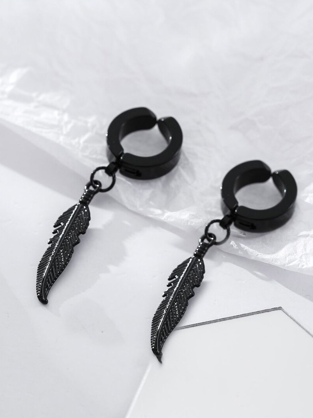 

The Roadster Lifestyle Co. Men Black Feather Dangles Hoop Earrings