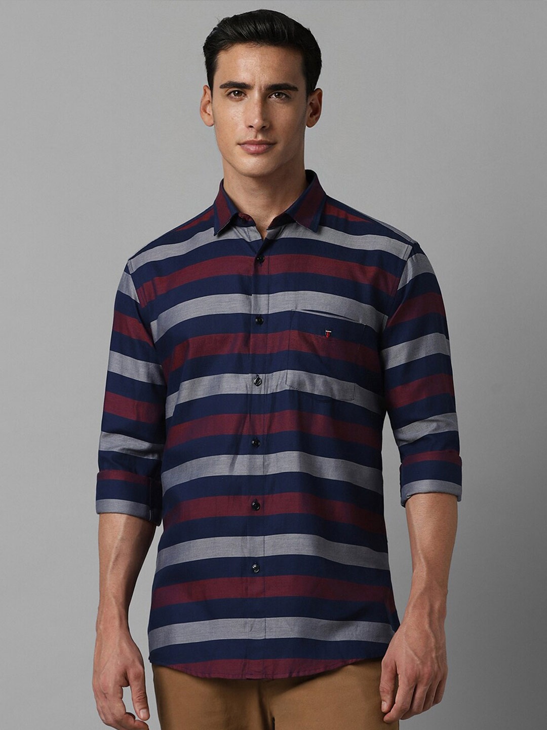 

Louis Philippe Sport Spread Collar Slim Fit Striped Casual Pure Cotton Shirt, Blue