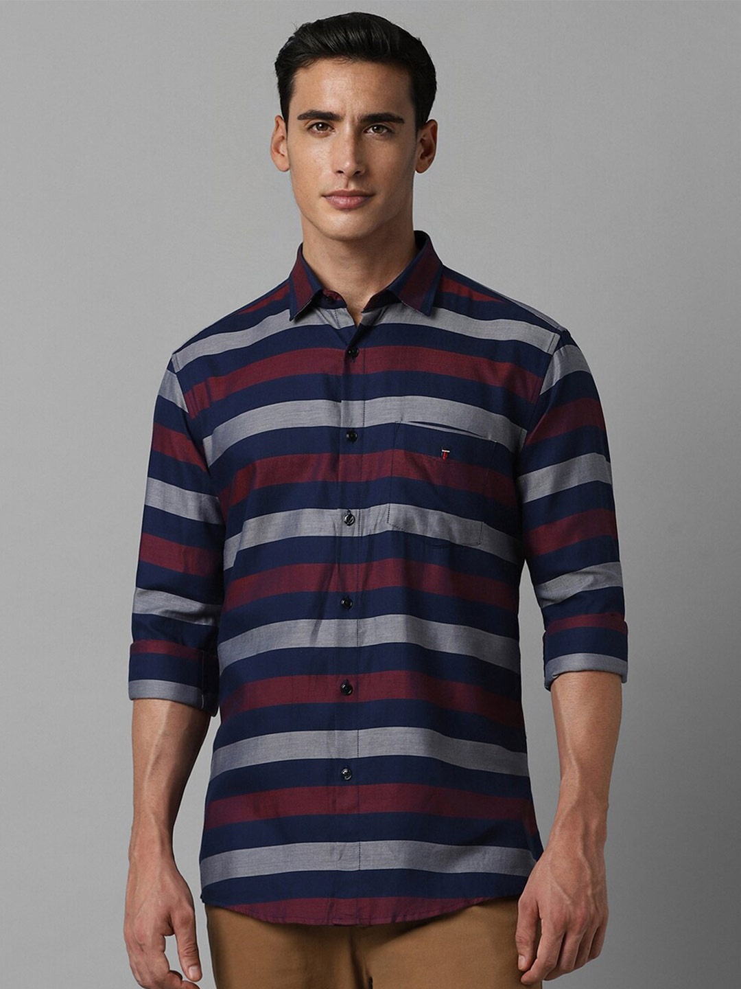 

Louis Philippe Sport Spread Collar Slim Fit Striped Casual Pure Cotton Shirt, Blue