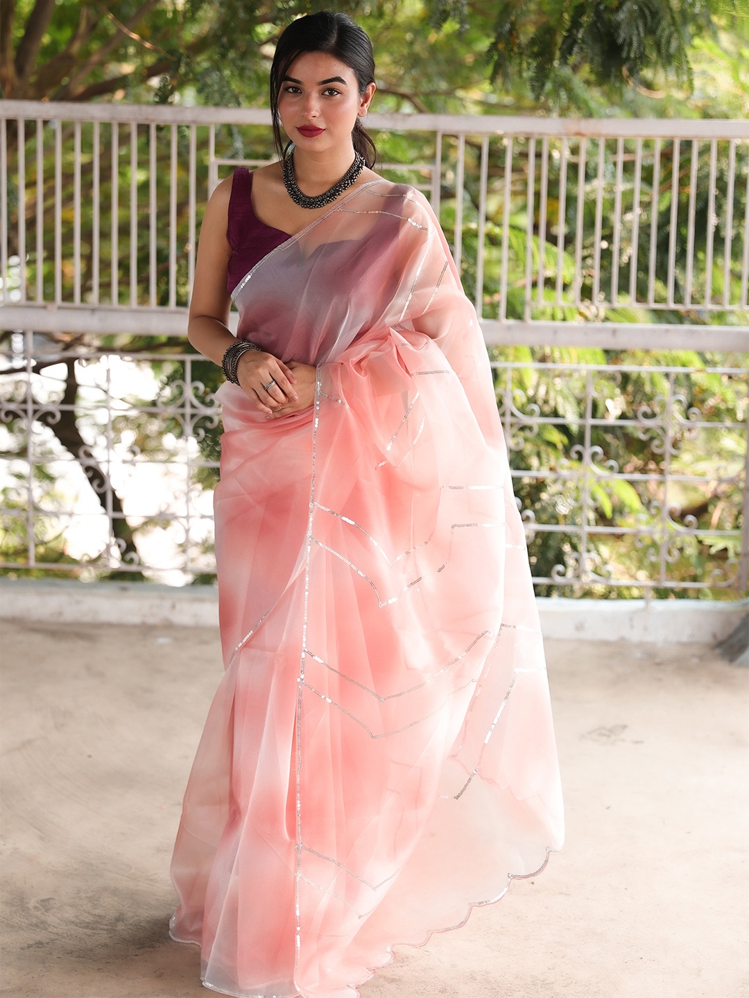 

VEECHIS Sequinned Organza Saree, Orange