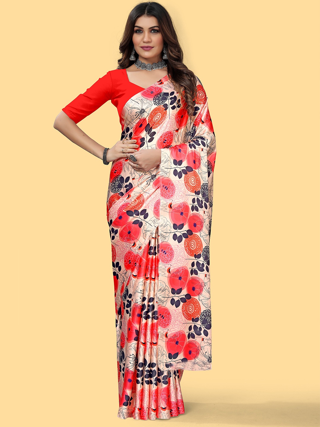 

VEECHIS Floral Printed Satin Saree, Red