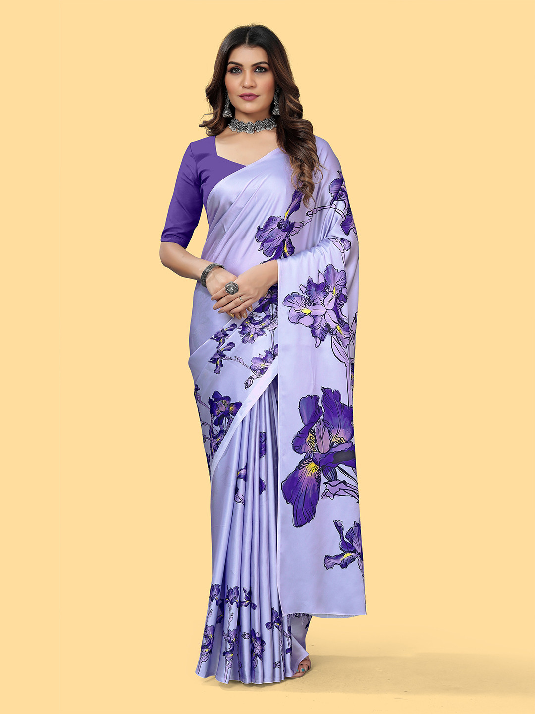 

VEECHIS Floral Printed Satin Saree, Blue