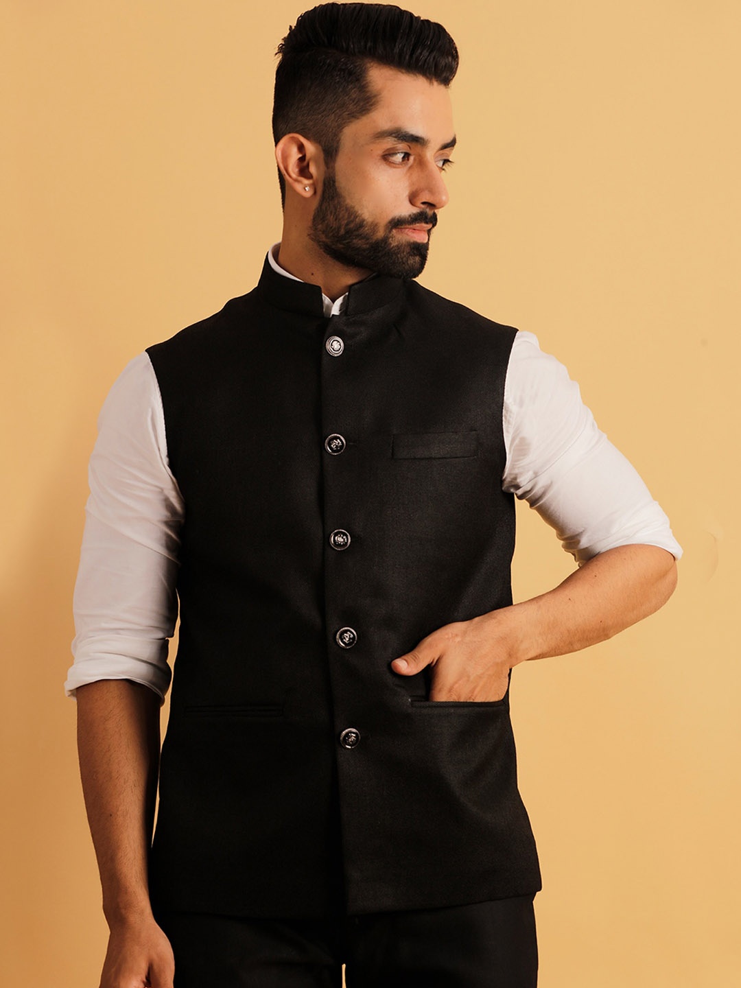 

Lightpole Mandarin Collar Nehru Jacket, Black