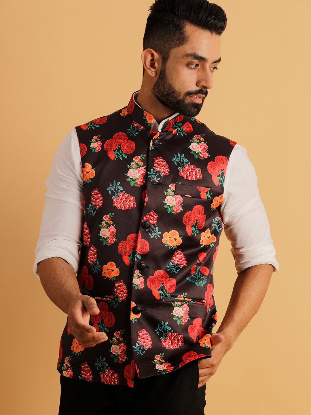 

Lightpole Printed Mandarin Collar Nehru Jacket, Black