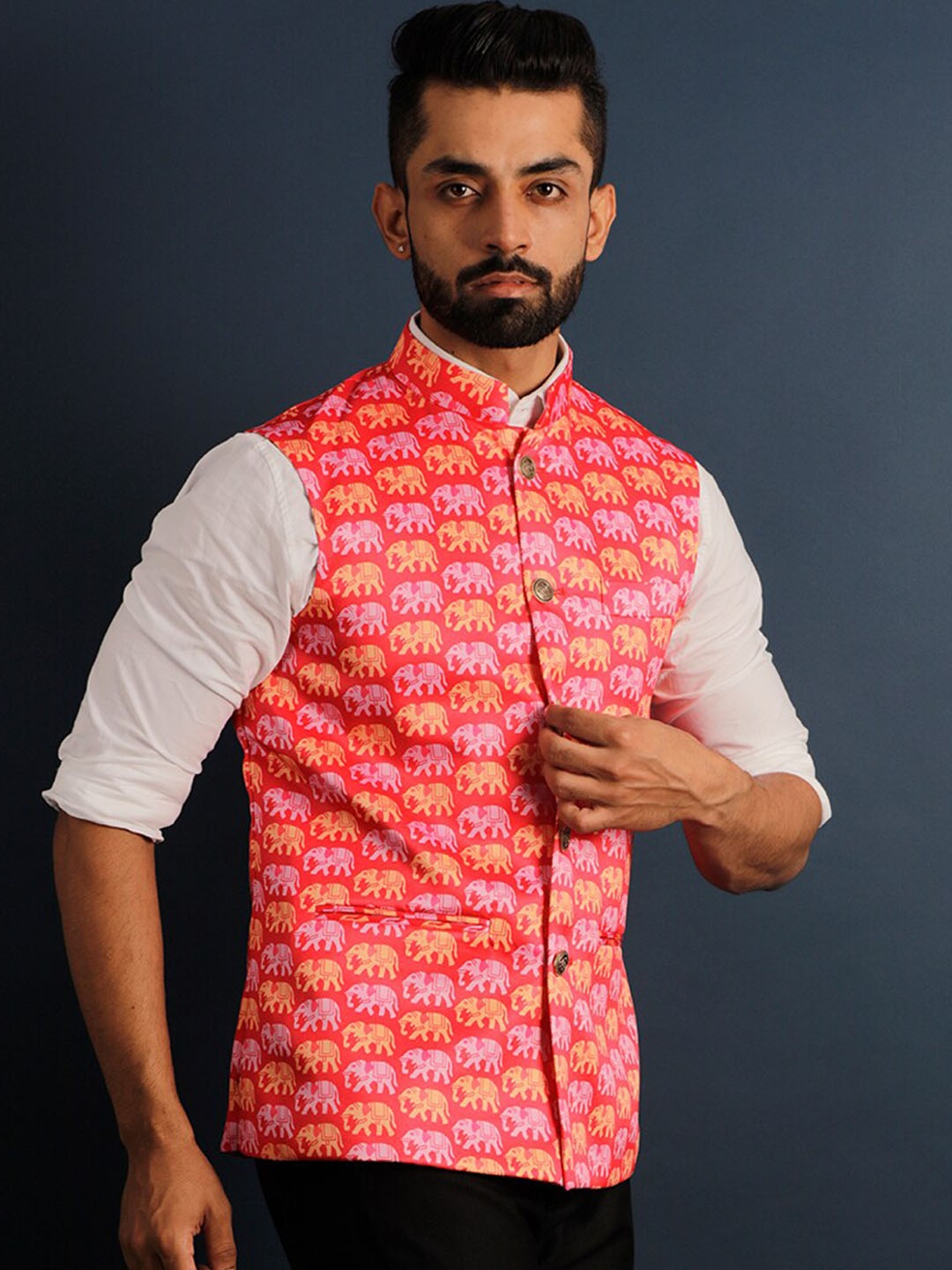 

Lightpole Printed Mandarin Collar Nehru Jacket, Red