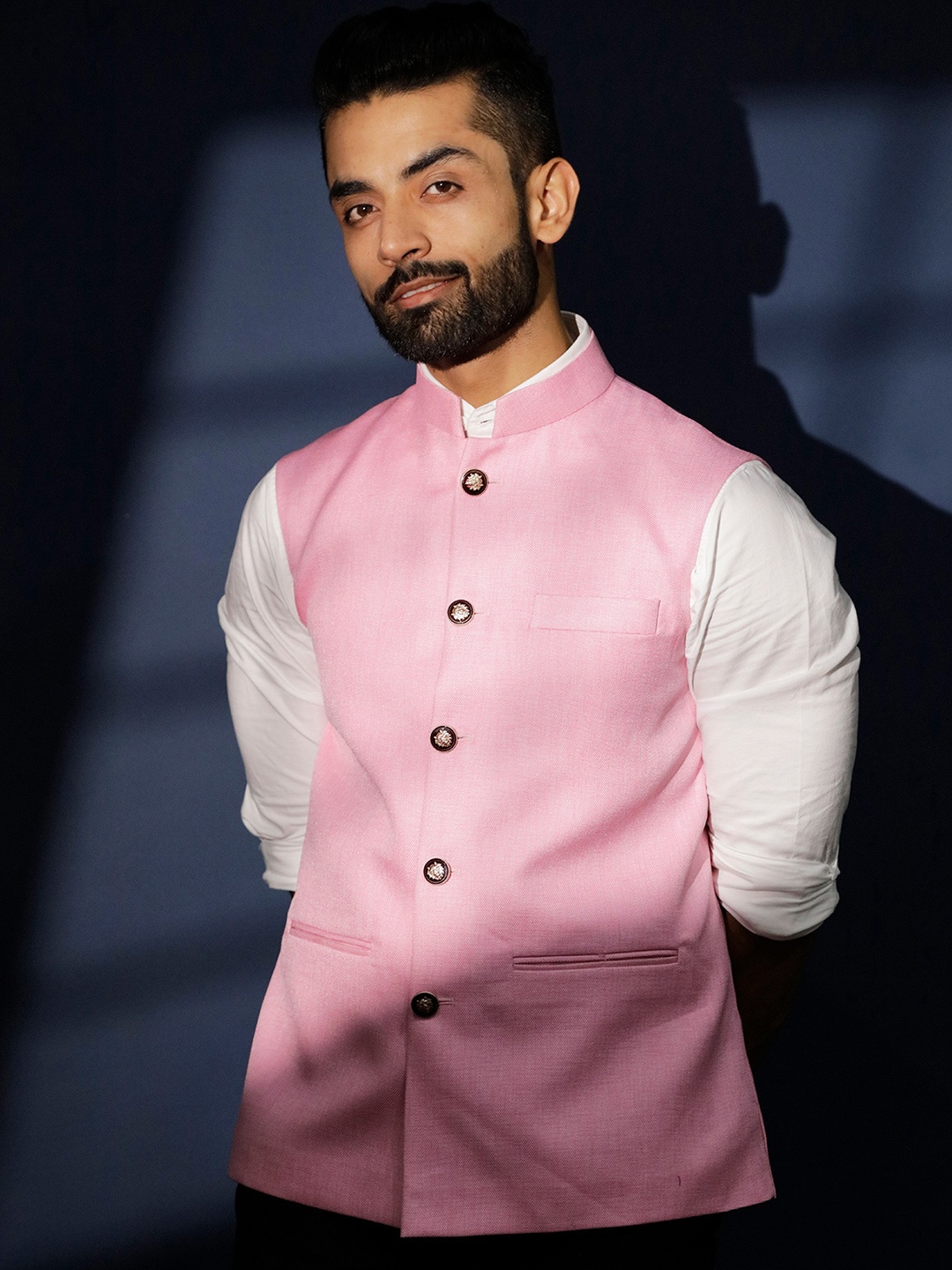 

Lightpole Mandarin Collar Nehru Jacket, Pink