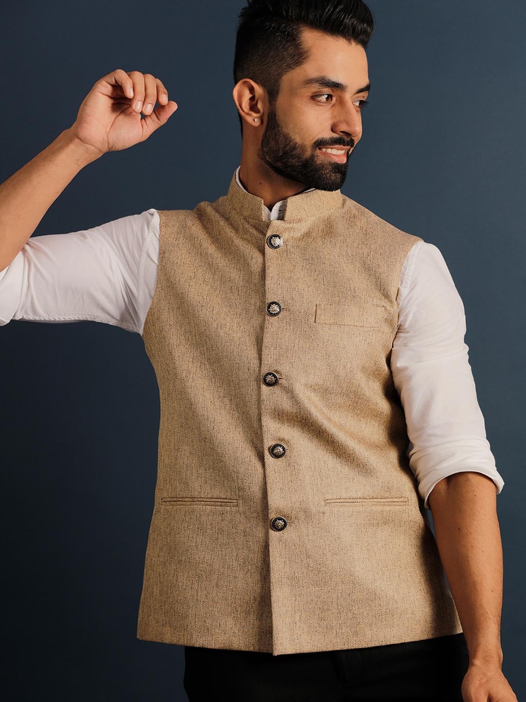 

Lightpole Mandarin Collar Nehru Jacket, Beige