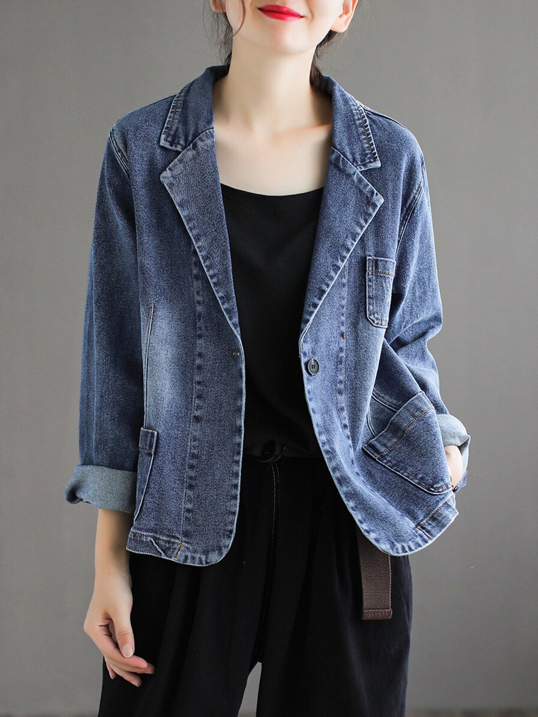 

StyleCast Blue Lapel Collar Cotton Denim Jacket