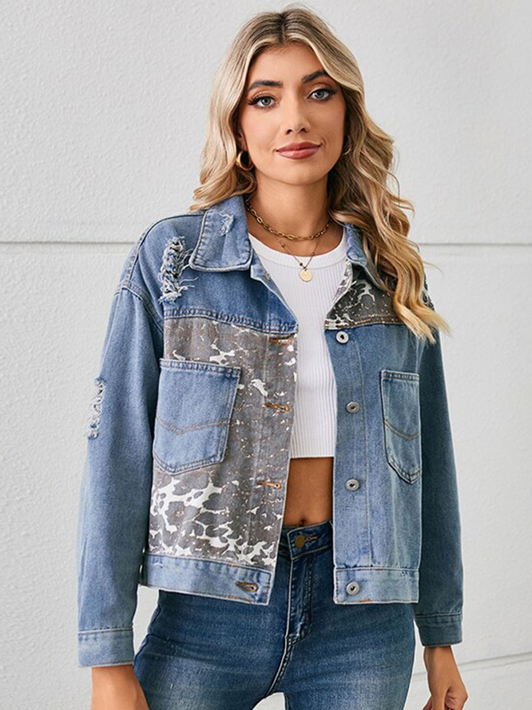 StyleCast Blue Camouflage Printed Denim Jacket