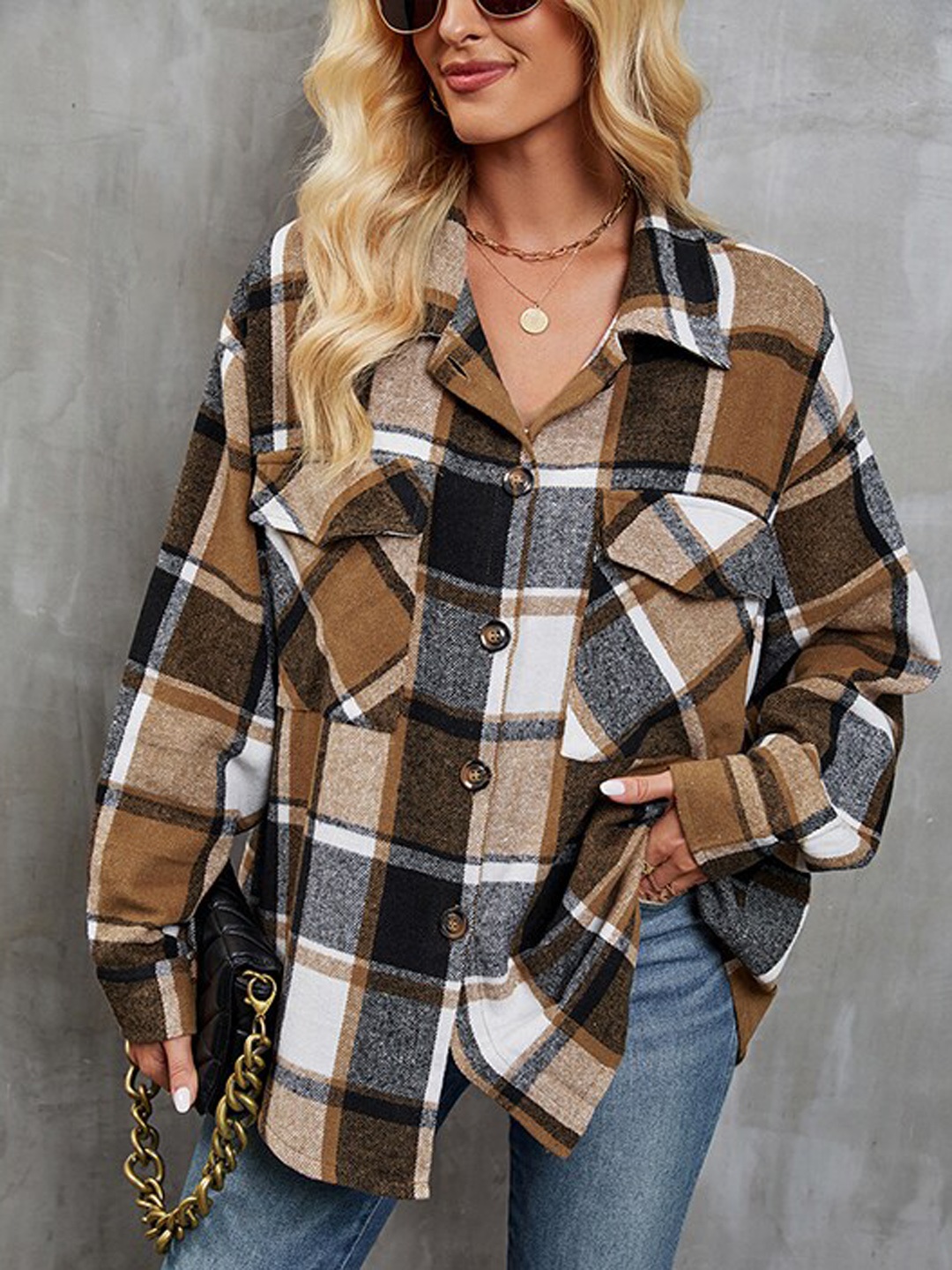 

StyleCast Brown Checked Spread Collar Long Sleeves Longline Tailored Jacket