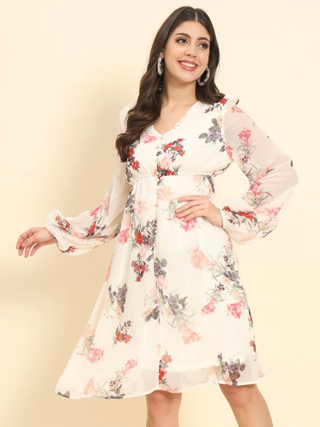 

HERE&NOW White Floral Printed V-Neck Puff Sleeve Chiffon A-Line Dress