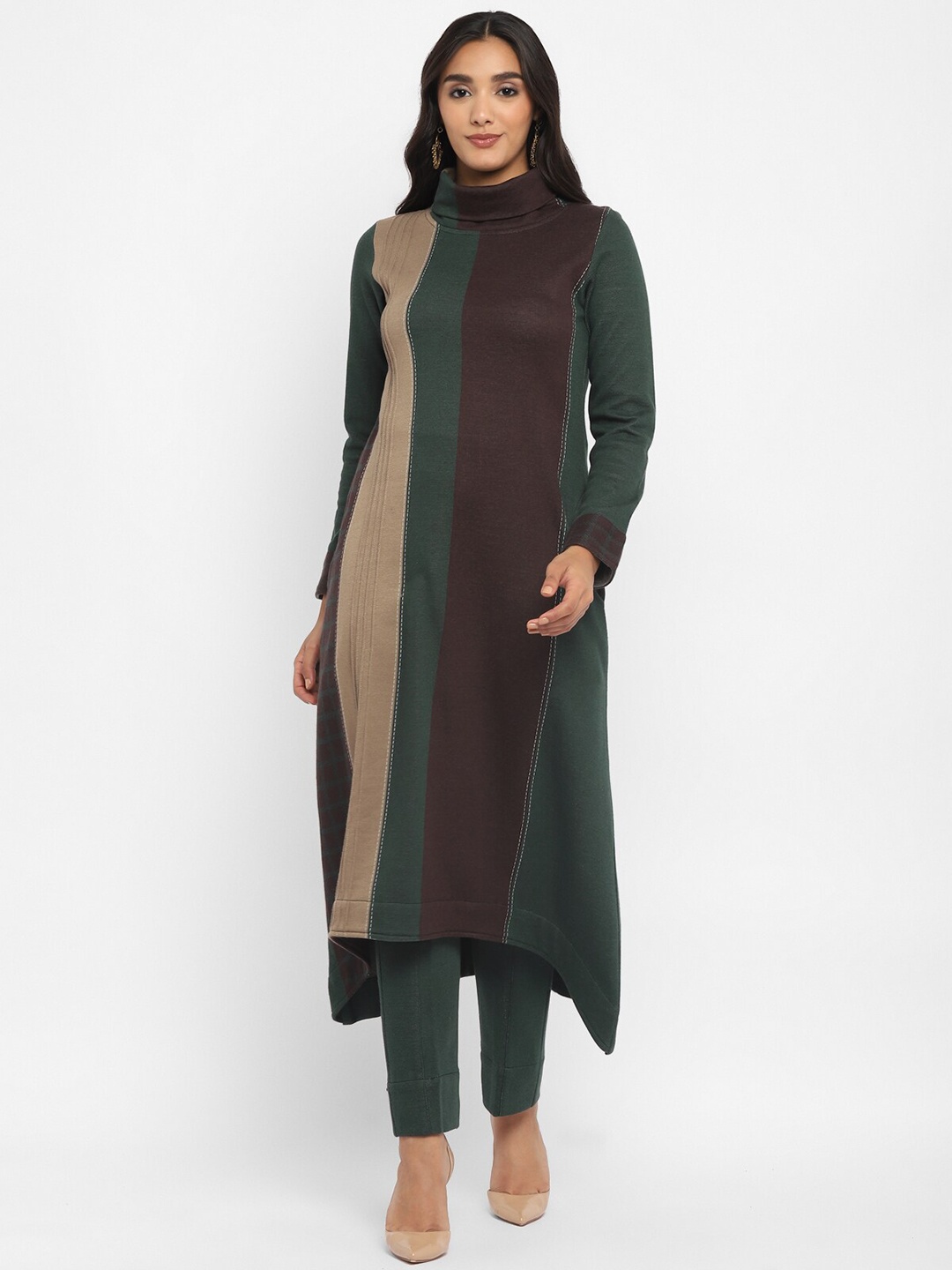 

STADO Striped Regular Pure Woolen Kurta with Trousers, Green
